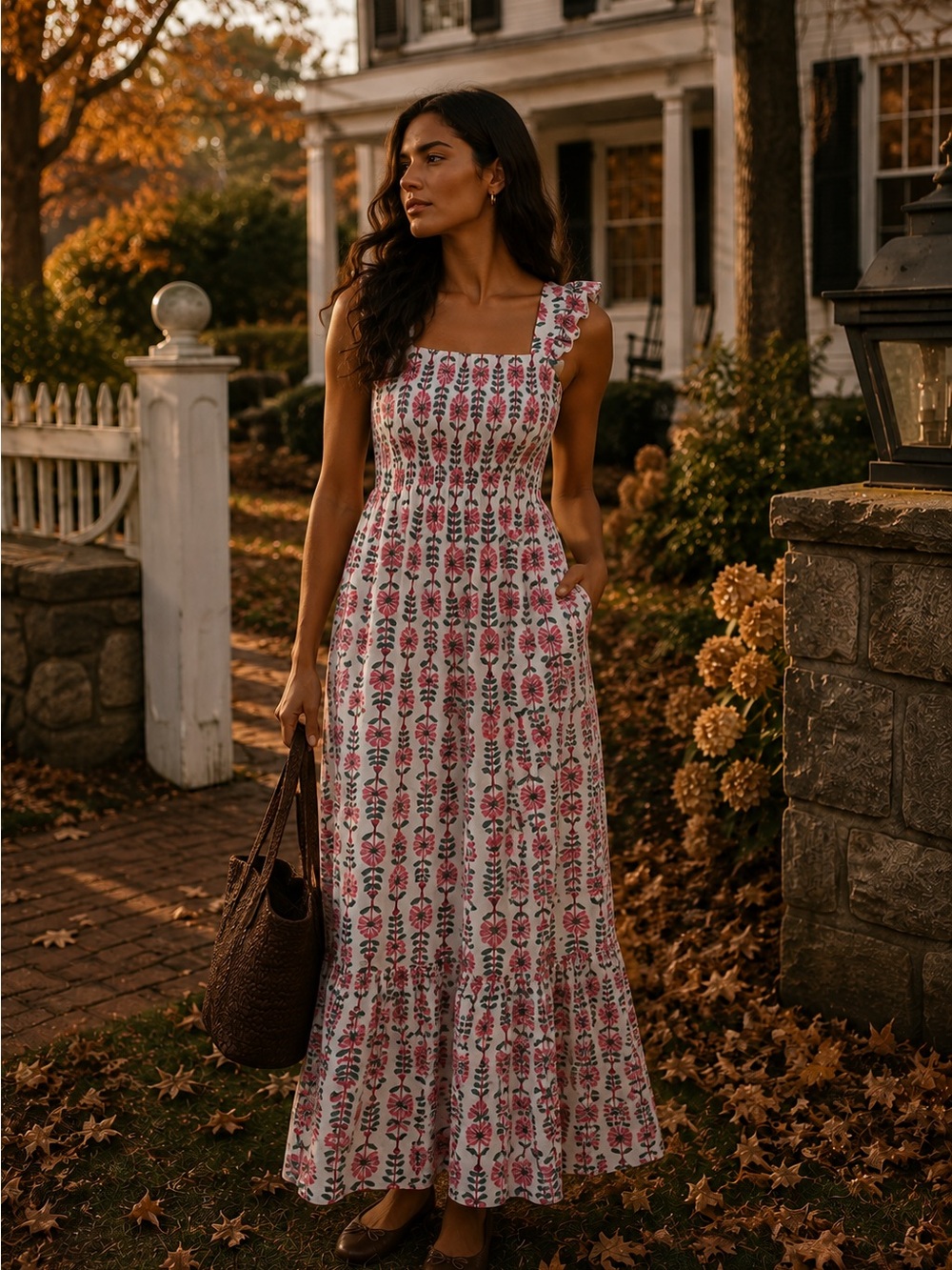 Anthropologie White Maxi Dress with Pink Floral Print